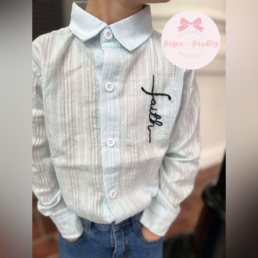NWT Brynn + Bradley Boy’s “Faith” Hand Embroidered Linen Button Down Shirt - Picture 3 of 3